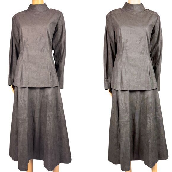 Weathervane Suedemark Womens Suede  2Pc Blouse/Skirt Washable Gray/Brown Vtg USA - Picture 1 of 9